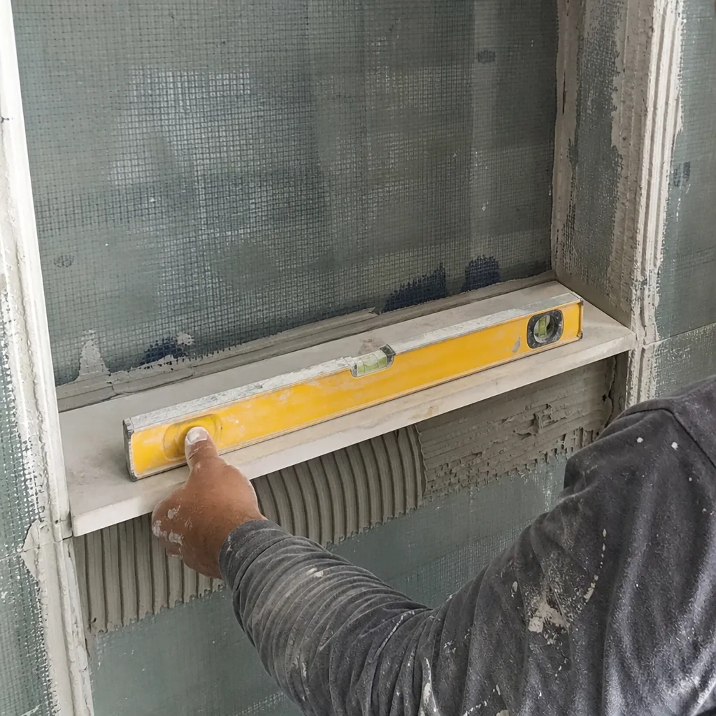 Contractor installing a level shower niche shelf during bathroom remodeling.