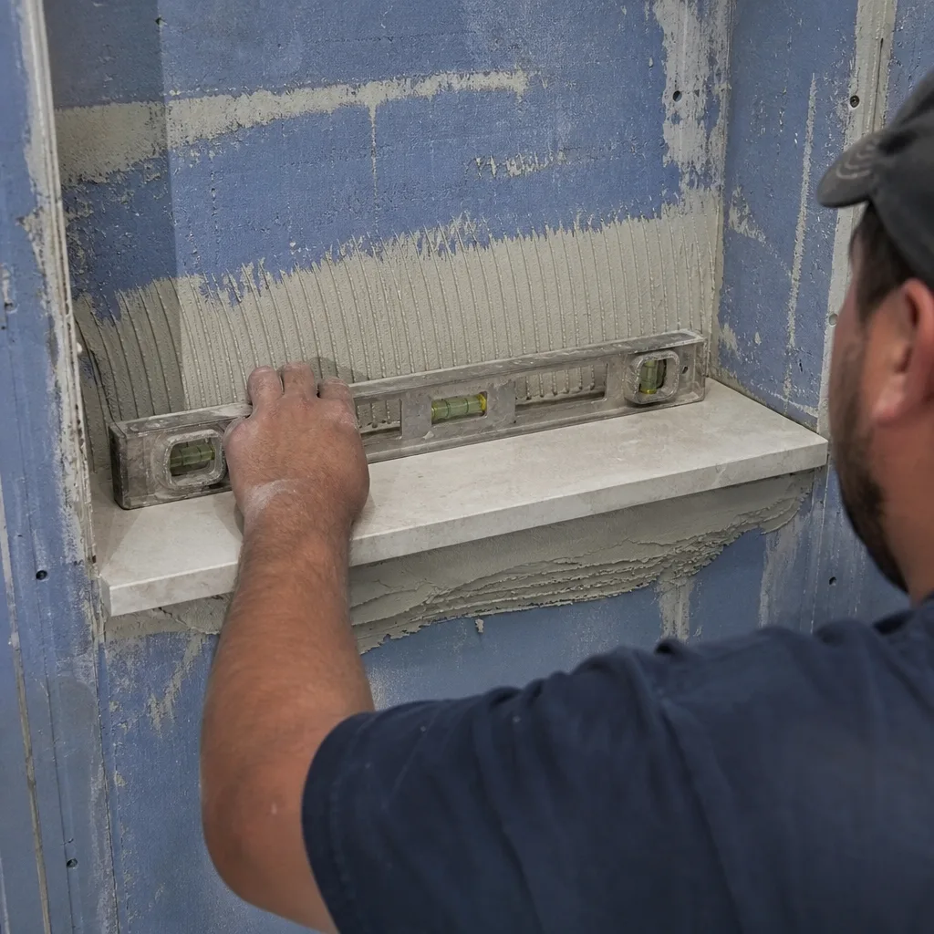 professional installer leveling a stone shower niche shelf in bathroom renovation