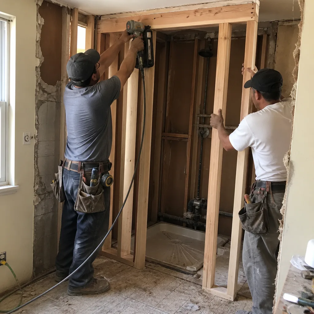 Contractors framing a new shower stall for a bathroom remodeling project