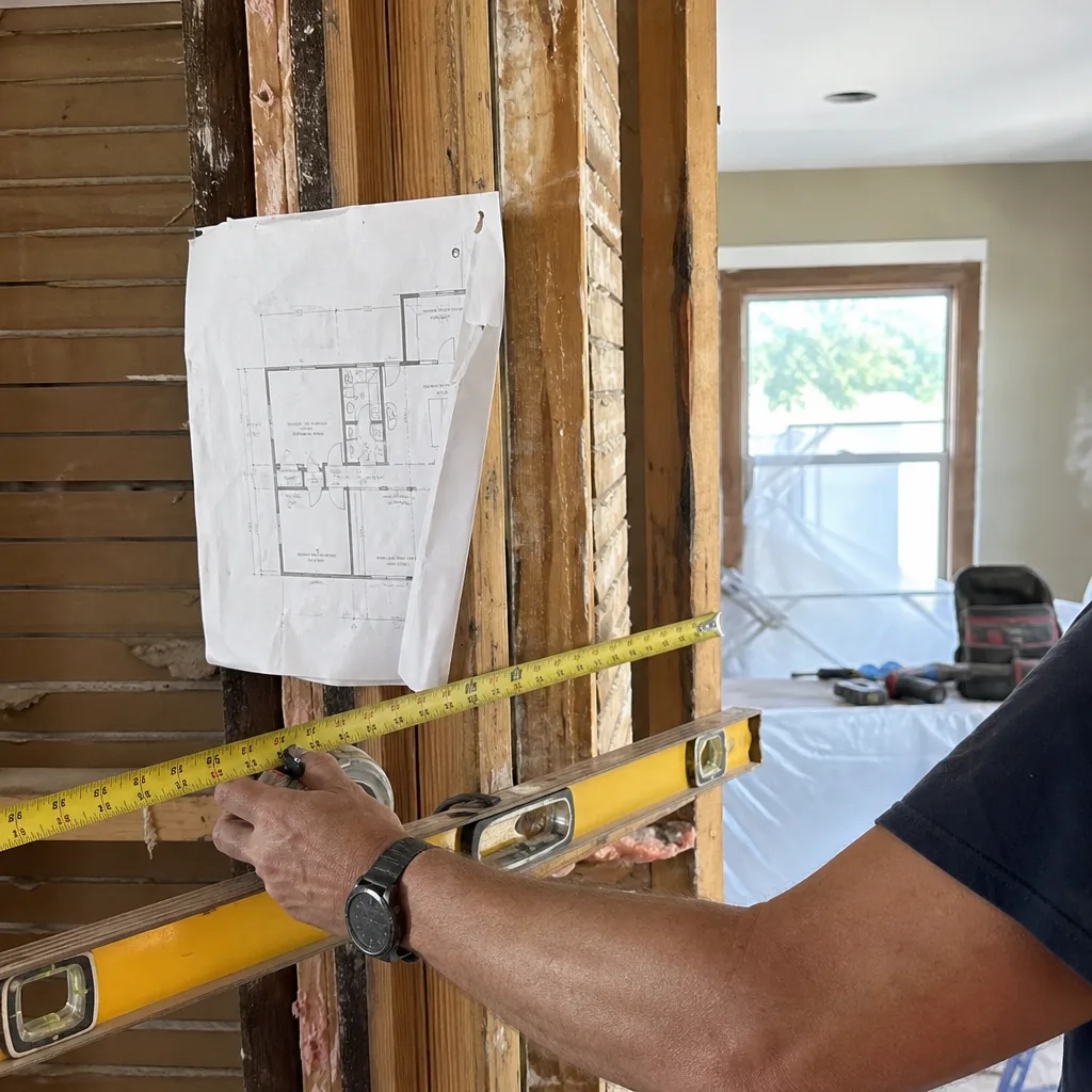 General contractor using level and measuring tape on renovation project nationwide