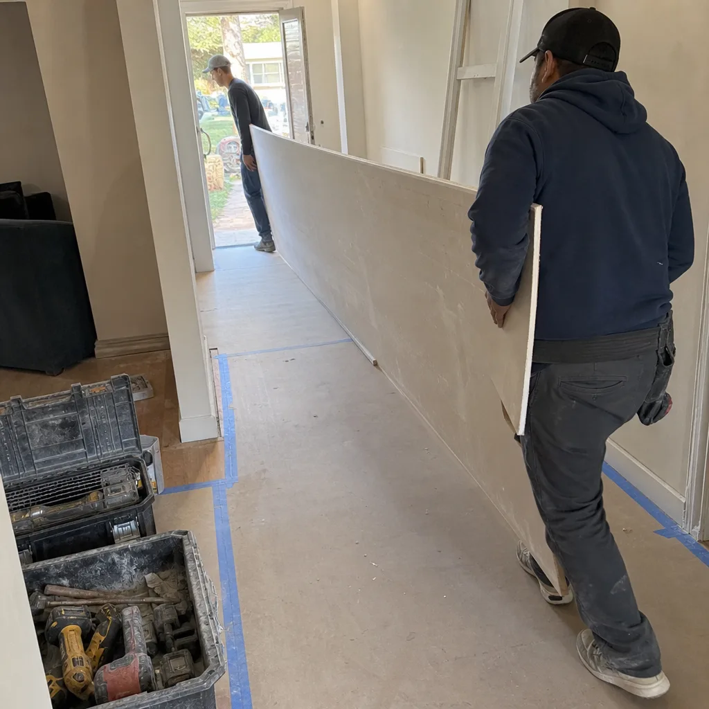 Two general contractors carrying a large drywall sheet inside a house.