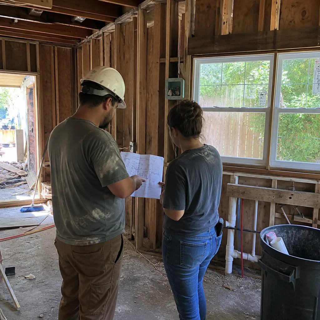 General contractor and worker reviewing construction blueprints at a job site