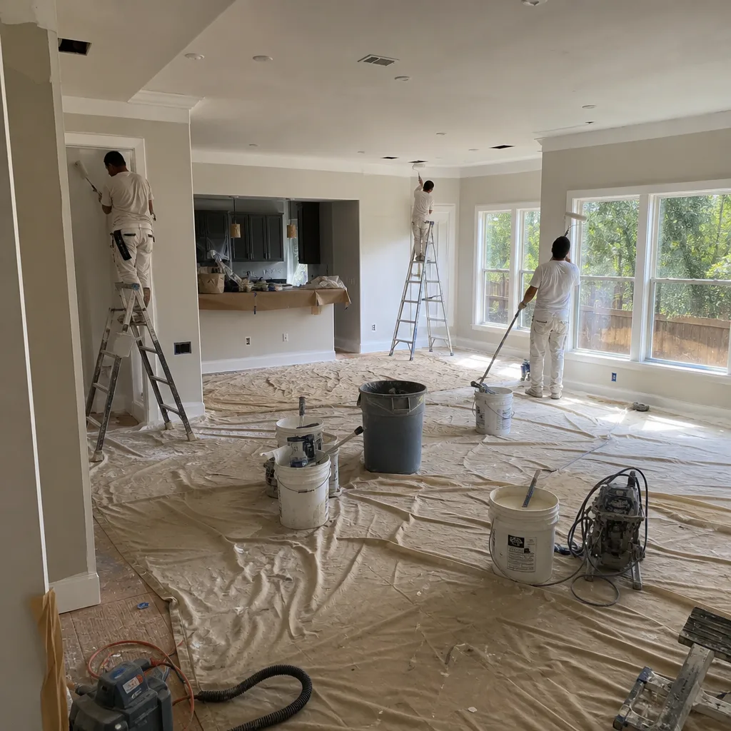 Professional painters working on interior wall and ceiling remodeling project in Austin, TX