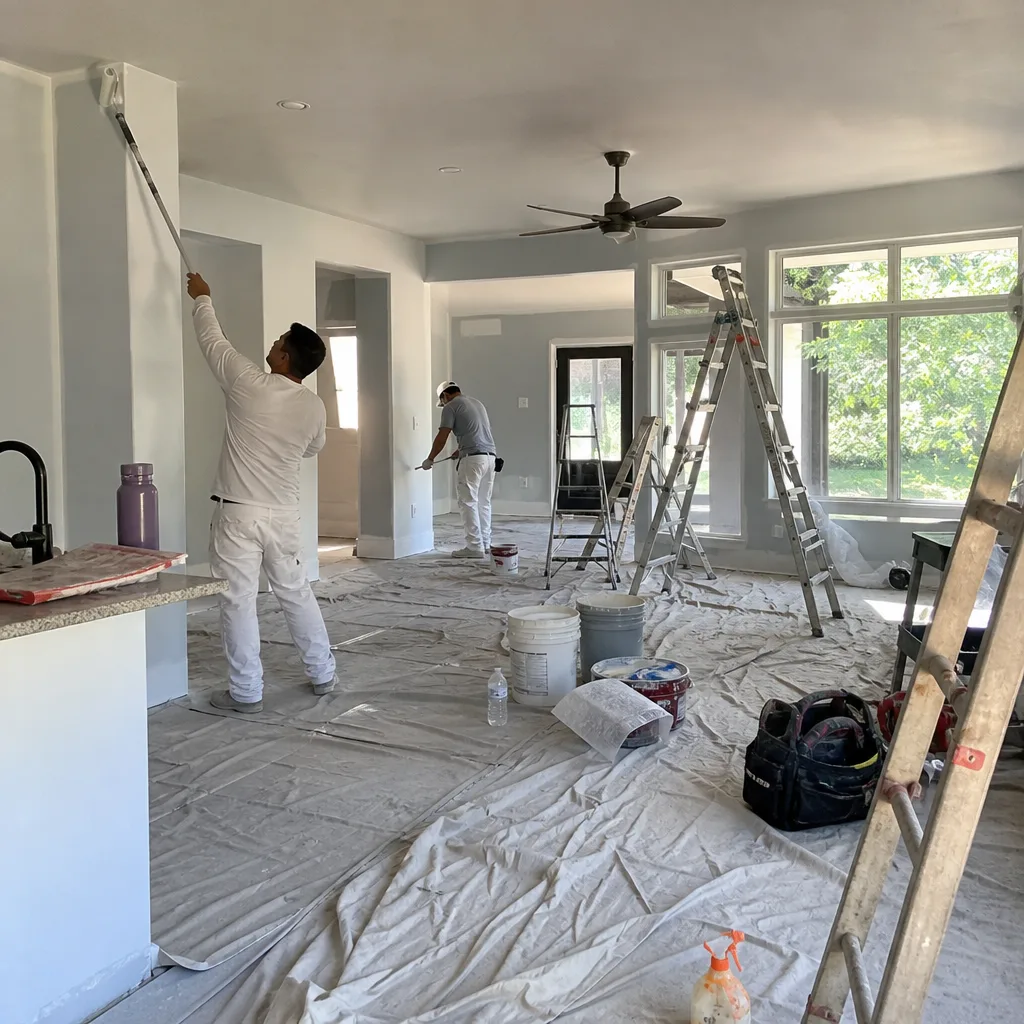 Professional painters working on interior wall remodeling project in Austin, TX