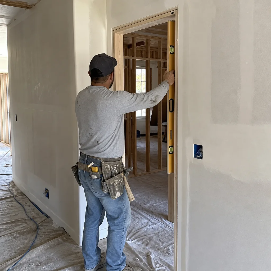 Contractor using a level to install a door frame during remodeling nationwide