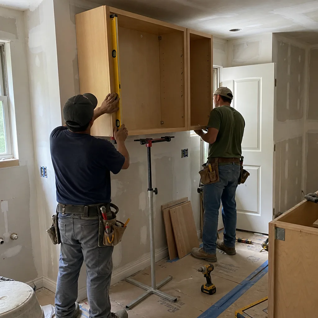 Two professional contractors installing wooden cabinets during a kitchen remodel in Austin, TX