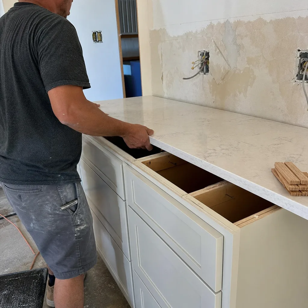 Contractor installing a new stone countertop during a kitchen remodeling project