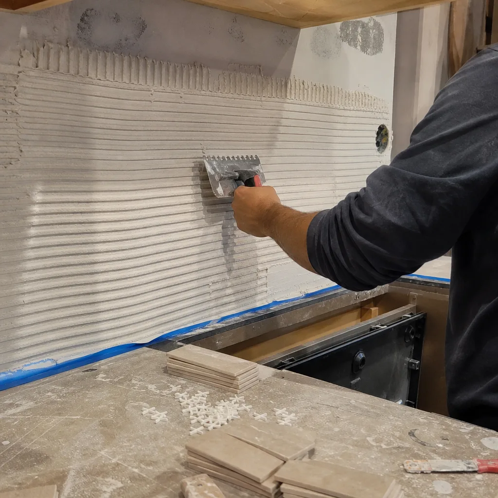 Professional tiling a kitchen backsplash with thin-set mortar and trowel