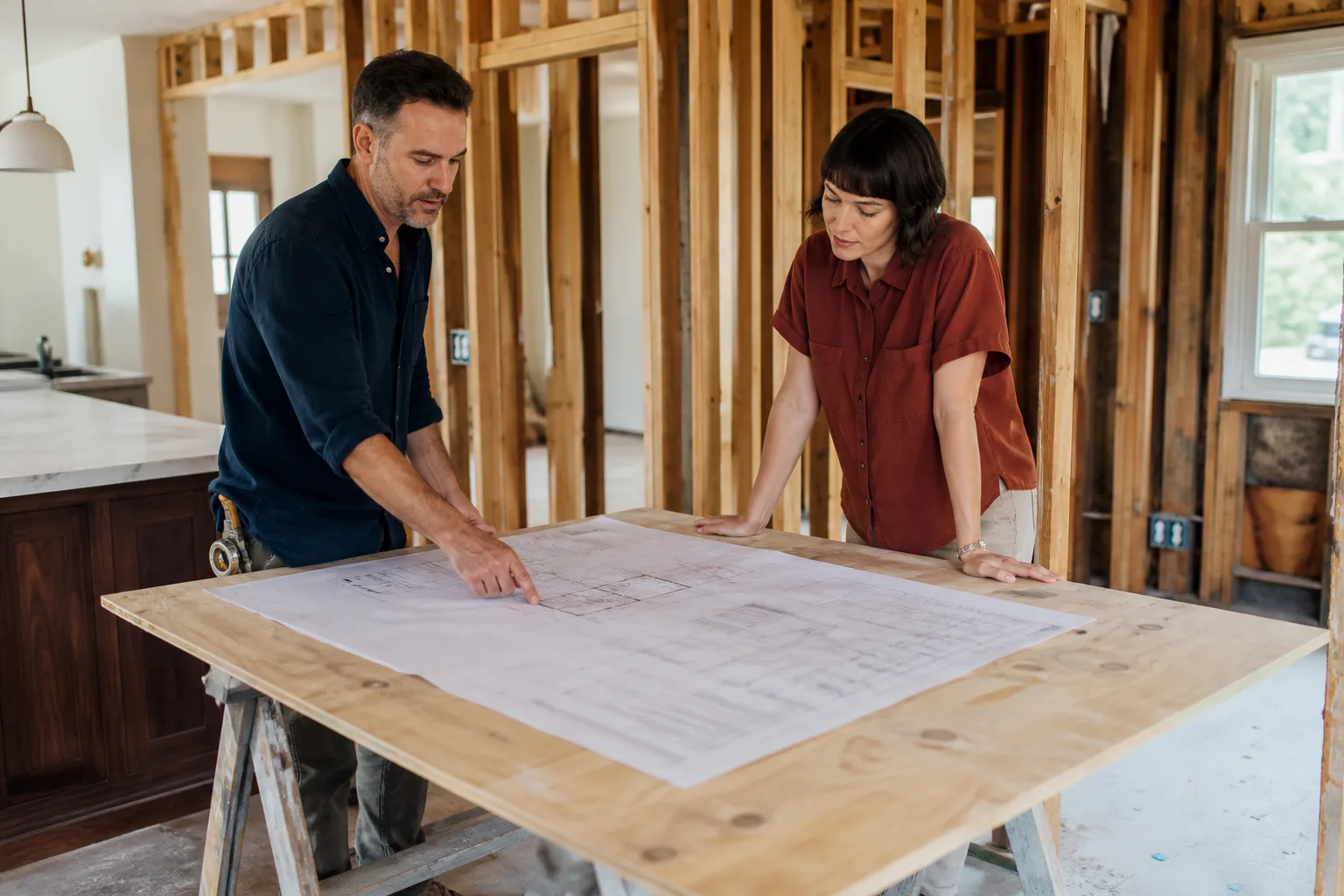 A project lead and homeowner reviewing plans in a room under renovation